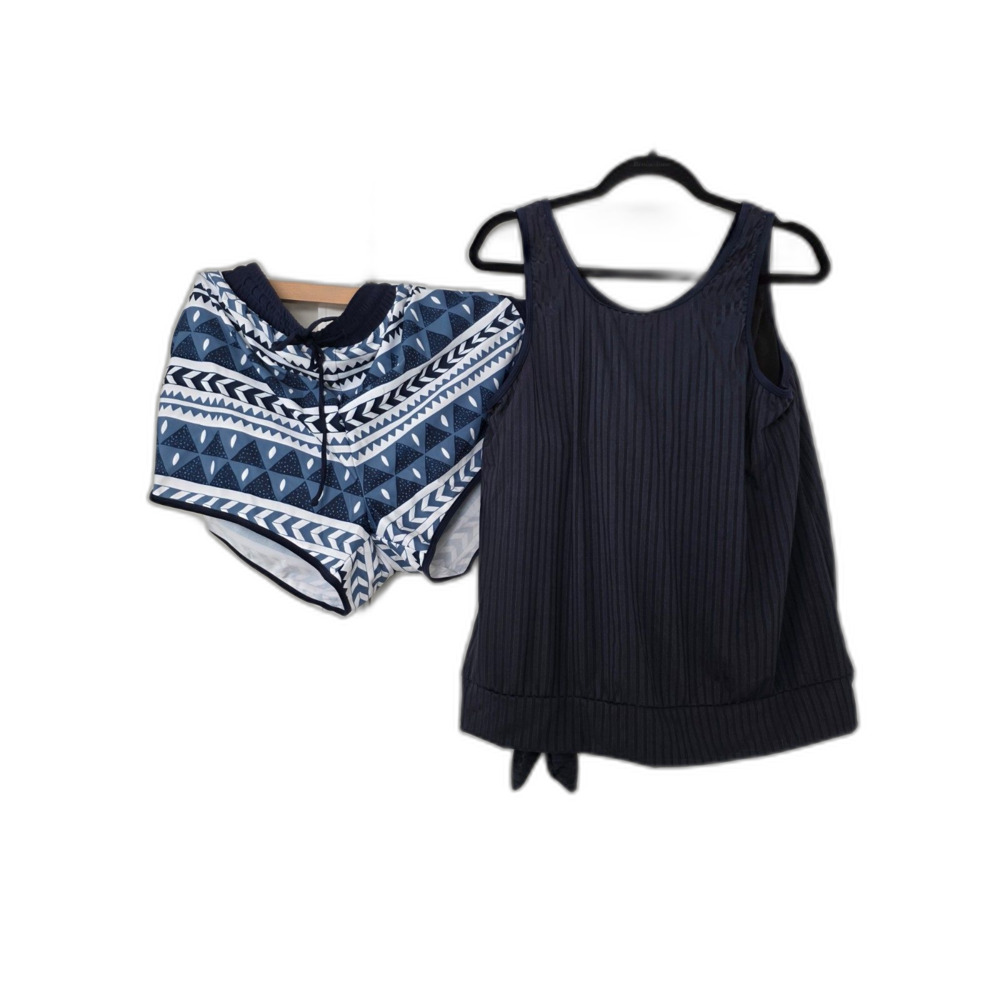 Modlily Navy Blue 2 Piece Tankini Swimsuit Geometric Shorts XXL